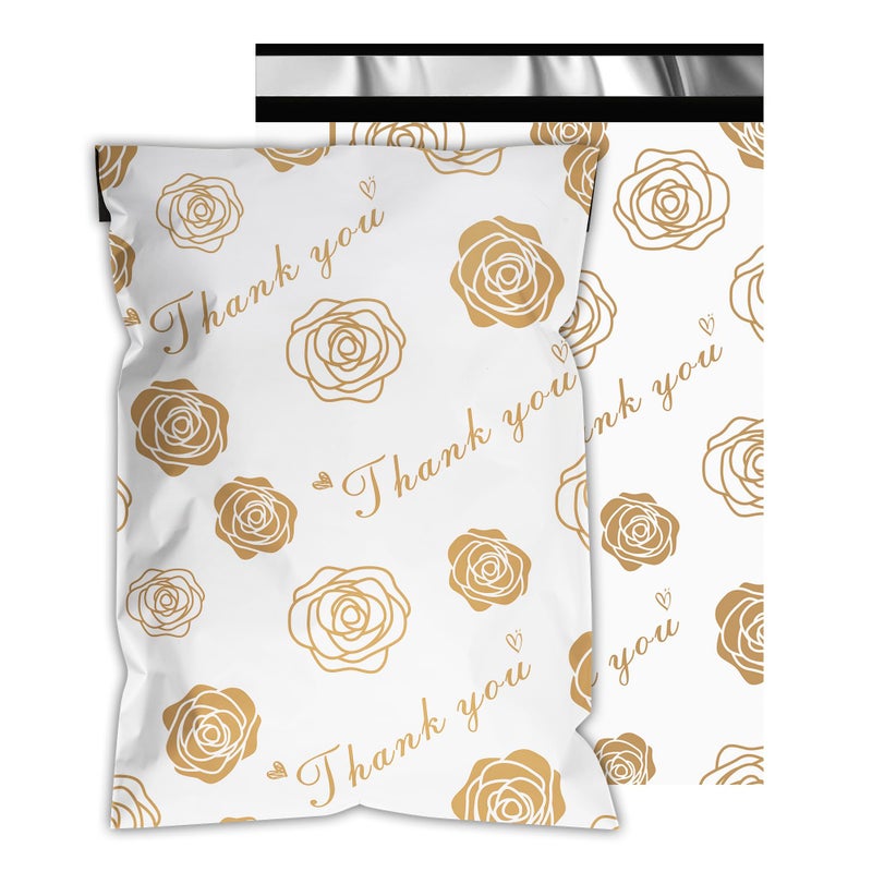 Vapulcio Thank You Poly Mailers 10x13 Inch 25 Pcs - Gold Rose Printed Shipping Bags for Clothing - Waterproof and Tear Resistant Mailing Envelopes - Self-Sealing Packaging Bags for Small Business - Image 1